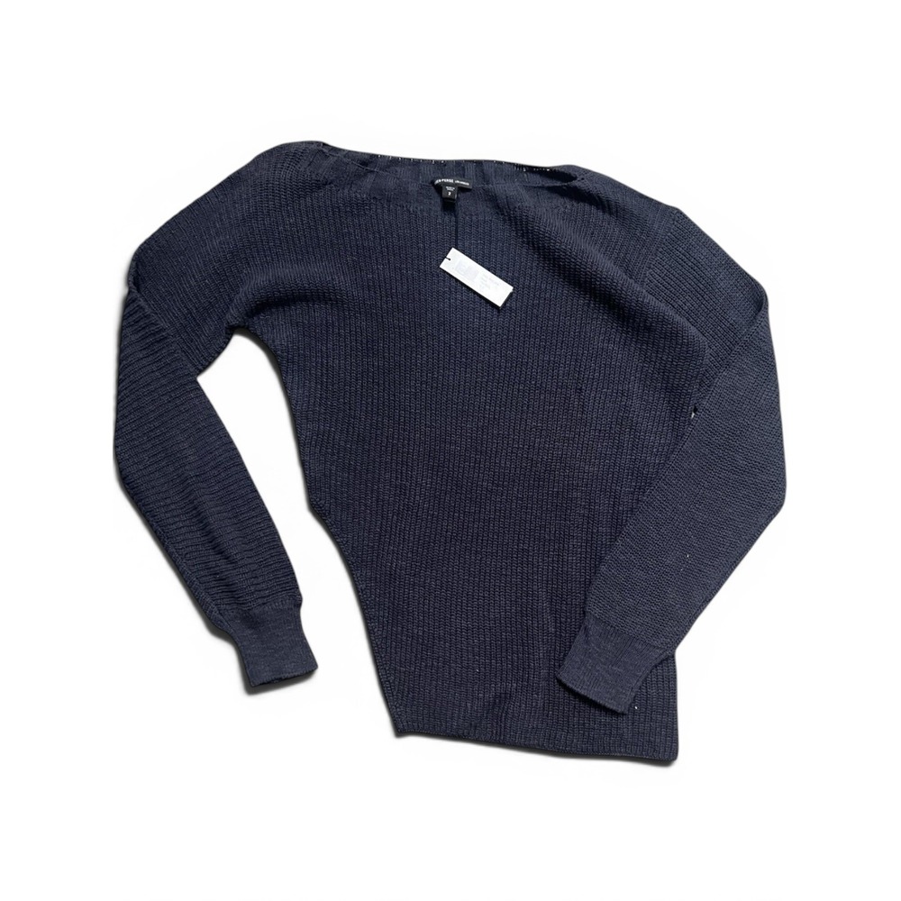 NWT James Perse Gray/Navy Cotton Asymmetric Boat Neck Sweater Size 2 MSRP $225